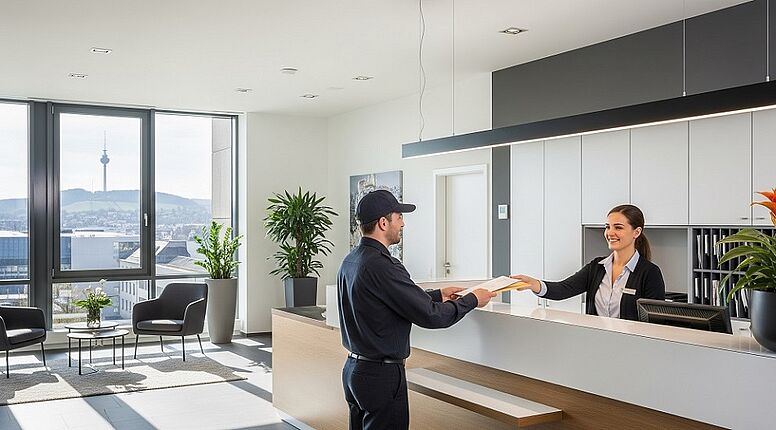 Teamorientierte Mitarbeiterin organisiert Post und Serviceabläufe in einem herzlichen Büro in Stuttgart